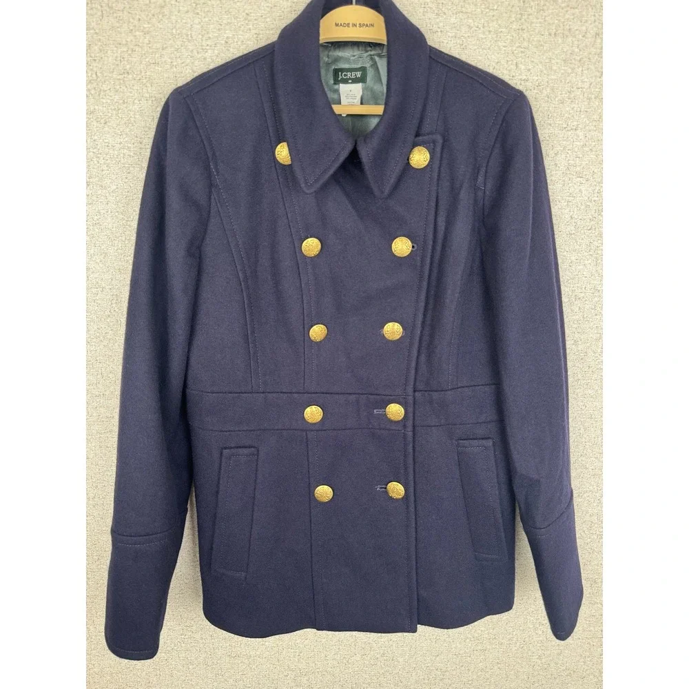 J Crew Y2K Navy Wool Military Peacoat Womens 8 Gold Buttons Double Breasted
